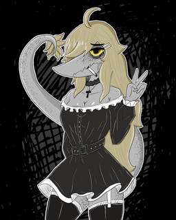 alternative_fashion anthro black_clothing black_eyes black_legwear black_thigh_highs blonde_hair breasts choker cigarette clothing cross feathered_tail feathers female fingers freckled_face freckled_legs freckled_tail freckles front_view gesture goth gothic_lolita hair hair_over_eye hand_gesture humanoid_hands j-fashion jewelry legwear lolita_(fashion) long_hair long_tail looking_forward medium_breasts necklace non-mammal_breasts pose sad smoking smoking_cigarette solo standing tail tan_body tan_feathers thigh_highs v_sign yellow_sclera gothgator0 cavemanon_studios puppet_pals snoot_game judee dinosaur prehistoric_species reptile saurischian scalie theropod troodon troodontid hi_res portrait restricted_palette three-quarter_portrait