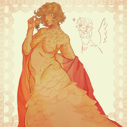 5_fingers abstract_background arms_bent belly blonde_hair blush breasts chibi clothed clothing duo extreme_size_difference eyes_closed feathers female fingers hair hand_behind_back heart_symbol holding_another looking_at_viewer messy_hair nude pose robe short_hair simple_background size_difference smile tan_background tan_body tan_skin wings yellow_eyes sirbloop delicious_in_dungeon falin_touden marcille_donato avian avian_taur humanoid humanoid_taur taur 1:1 2026 colored digital_drawing_(artwork) digital_media_(artwork) half-length_portrait hi_res multiple_scenes portrait shaded sketch