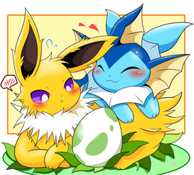 :3 :< ambiguous_feral ambiguous_gender blue_body blue_tail blush blush_lines duo ear_fins egg eyes_closed feral fin fur happy head_fin heart_symbol leaf looking_at_another lying neck_fin purple_eyes romantic romantic_couple spiky_fur tail tail_fin text yellow_body yellow_fur ambilly_aniki nintendo pokemon aquatic eeveelution generation_1_pokemon jolteon mammal pokemon_(species) vaporeon 2026 artist_name colored digital_media_(artwork) hi_res shaded simple_shading