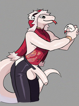 anthro asian_clothing balls big_penis biped black_bottomwear black_clothing bottomwear bracelet chinese_clothing clothed clothing doll east_asian_clothing erection foreskin forked_tongue genitals glans glistening glistening_body holding_doll holding_object humanoid_genitalia humanoid_penis jewelry male open_bottomwear open_clothing penis red_clothing red_topwear side_view sleeveless_shirt solo tail tapering_tail tongue topwear unretracted_foreskin unzipped unzipped_pants white_body zipper jaybeyyy reptile scalie snake 2025 3:4 digital_drawing_(artwork) digital_media_(artwork) hi_res