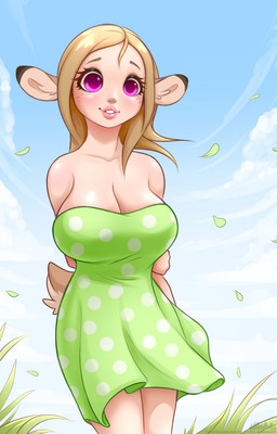 big_breasts blonde_hair breasts cleavage clothed clothing cloud dress eyelashes female freckles grass green_clothing green_dress hair lips outside pink_eyes plant polka_dot_clothing scut_tail short_tail smile solo strapless_clothing strapless_dress tail text wind loimu loimu_(character) animal_humanoid deer humanoid mammal 2019 hi_res