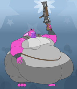 anthro armor belly belt belt_buckle biped buckle clothing gun male male_anthro moobs morbidly_obese nipple_outline obese overweight ranged_weapon solo standing weapon wolfgerlion64 star_wars ruggo_nassk alien gungan otolla_gungan absurd_res hi_res