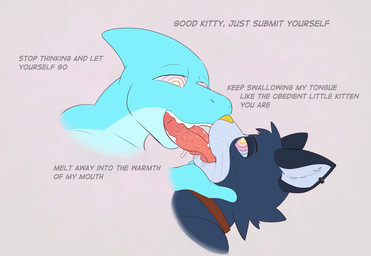 anthro big_tongue bodily_fluids dialogue duo extreme_french_kiss french_kissing holding_face hypnosis hypnotic_eyes kissing male mind_control open_mouth saliva subliminal_message text tongue toothy_grin steelshark steel_(steelshark) aquatic domestic_cat felid feline felis fish mammal shark english_text hi_res
