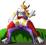 anthro bandai_namco bodily_fluids breast_grab breast_play breasts canid canine chair_position christmas cum cum_in_pussy cum_inside digimon digimon_(species) duo female from_behind_position genital_fluids genitals hand_on_breast hi_res holidays humanoid imp impmon male male/female mammal mostly_nude penetration penis reindeer_costume renamon sex sitting swain_(artist) updated vaginal vaginal_penetration