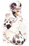 animal_print anthro bell bell_collar blush bodily_fluids bottle breast_milking breasts collar container cow_print cow_print_thigh_highs ear_piercing femboy fur genitals hair hand_on_breast jewelry lactating looking_at_viewer male male_lactation milk milk_bottle milk_container nipple_piercing nipples penis piercing simple_background solo tail white_background white_body oatmealkasha digital_media_(artwork) hi_res