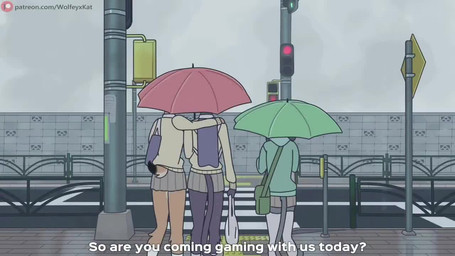 adolescent adolescent_on_adolescent anthro anthro_on_anthro blue_body blue_fur blush clothed clothing dialogue female french_kissing fur group kissing larger_female legwear male male/female scut_tail short_tail size_difference smaller_male tail tan_body tan_fur text thigh_highs umbrella yellow_eyes young young_anthro young_female young_male young_on_young wolfeyxkat canid canine canis deer domestic_cat domestic_dog felid feline felis mammal 16:9 2d_animation animated english_text frame_by_frame long_playtime sound video widescreen