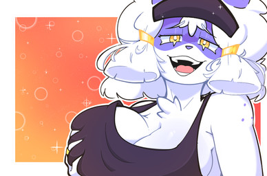 accessory anthro bare_shoulders big_breasts birthmark breast_grab breasts chest_tuft cleavage clothed clothing female freckled_shoulders freckles fur grabbing_own_breast hair hand_on_breast headband huge_breasts jewelry markings ring_(jewelry) shirt short_hair side_boob simple_background smug_face solo tank_top topwear tuft white_body white_fur bladezduh kakegurui_masho_(meme) lemur mammal primate strepsirrhine hi_res meme