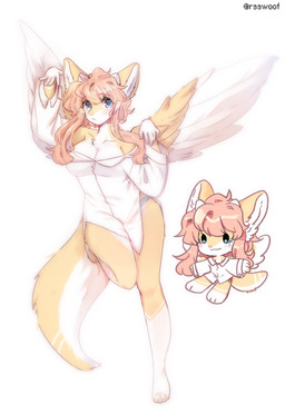 anthro big_breasts blue_eyes breasts chibi clothed clothing feathered_wings feathers female fluffy fluffy_tail panties shirt simple_background skimpy solo tail topwear underwear wings ressue mammal species_request character_request hi_res