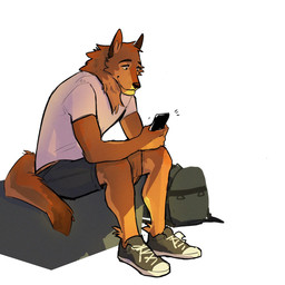 anthro bottomwear clothed clothed_male clothing duffel_bag electronics footwear holding_object holding_phone male male_anthro phone shirt shoes shorts simple_background sitting sneakers solo topwear white_clothing white_shirt white_topwear phibbean in_case_of_emergency cedric_(in_case_of_emergency) canid canine canis coyote mammal 1:1 2022 hi_res
