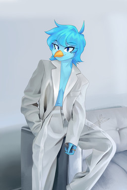 absolute_territory anthro beak blue_body blue_eyes blue_feathers blue_hair bottomwear breasts cleavage clothed clothed_female clothing content content_smile eyelashes eyelashes_through_hair fashion feathers female furniture hair hand_in_pocket jacket lidded_eyes looking_at_viewer navel non-mammal_breasts pants pockets pose ring simple_background sitting smile smiling_at_viewer sofa solo topwear translucent translucent_hair yellow_beak lewott undertale_yellow martlet_(undertale_yellow) avian bird 2025 2:3 absurd_res hi_res pinup signature