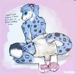 anthro diaper flirting kneeling male soiled_diaper solo text unclean_diaper used_diaper flax_(artist) felid leopard mammal pantherine english_text hi_res