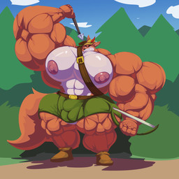 abs anthro arrow_(weapon) belt biceps big_muscles big_pecs bow_(weapon) brown_body bulge clothing countershading forest green_clothing grin holding_object huge_muscles huge_pecs hyper hyper_muscles hyper_pecs looking_at_viewer male multicolored_body muscular muscular_arms nipples pecs pink_nipples plant plantigrade ranged_weapon simple_background smile solo tight_clothing tree two_tone_body weapon white_body bobert disney robin_hood_(disney) robin_hood canid canine fox humanoid mammal red_fox true_fox 1:1 2021 hi_res