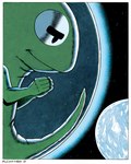 5_fingers ambiguous_gender border earth fingers green_body male nude parody planet science_fiction solo space star text white_border bruce_mccorkindale 2001:_a_space_odyssey muppets pbs sesame_street the_muppet_show david_bowman kermit_the_frog alien amphibian frog muppet tadpole 2019 crossover hi_res mixed_media signature