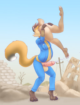 anthro bodily_fluids cum duo female genital_fluids genitals male male/female male_pred penis vore weasselk fallout microsoft rocky_the_fox canid canine fox mammal hi_res