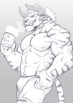 2021 abs anthro badcoyote biceps black_and_white bulge charr claws clothed clothing container cup facial_spikes fangs felid finger_claws fur guild_wars hair hi_res holding_container holding_cup holding_mug holding_object horn looking_at_viewer male mammal monochrome mug muscular muscular_anthro muscular_male nipples open_mouth open_smile pecs portrait pubes quads sharp_teeth sketch smile solo spikes spikes_(anatomy) standing steam striped_body striped_fur stripes teeth text_on_mug three-quarter_portrait triceps underwear underwear_only wulfric_blackthorne