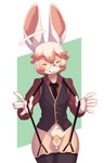 anthro balls bottomless chastity_cage chastity_device clothed clothing eyewear femboy flat_chastity_cage garter_straps genitals glasses gold_(metal) gold_chastity_cage gold_chastity_device halo male round_glasses solo suit suspender_pantyhose suspenders suspenders_pull topwear vest hirowo hiro_(hirowo) lagomorph leporid mammal rabbit hi_res