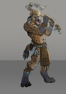 4_toes 5_fingers anthro athletic athletic_anthro athletic_male axe barefoot black_nose bottomwear brown_body brown_fur brown_hair clothed clothed_anthro clothed_male clothing ear_piercing ear_ring facial_piercing fangs feet fingers fur hair hindpaw holding_axe holding_object hoop_ear_ring humanoid_hands loincloth male markings nose_piercing nose_ring paws piercing ring_piercing septum_piercing septum_ring solo spots spotted_body spotted_fur teeth toes tongue topless topless_anthro topless_male tribal ravenousgnoll_(artist) gnoll hyena mammal hi_res