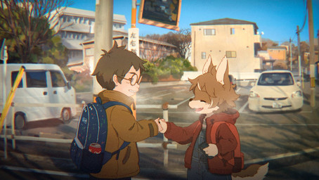 anthro backpack cellphone clothing coat duo electronics eyes_closed hand_holding holding_cellphone holding_object holding_phone holding_smartphone kemono male open_mouth open_smile outside parking_lot phone red_backpack red_clothing red_coat red_topwear smartphone smile topwear young young_anthro young_human young_male nishiko24 canid canine canis human mammal wolf 2024 hi_res japanese_description