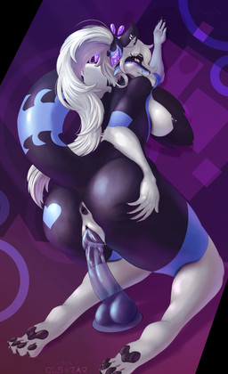4_toes 5_fingers accessory anthro anus arm_tuft barefoot big_breasts big_butt black_anus black_body black_claws black_fur black_nails black_nipples black_paws black_vulva blue_body blue_fur blue_markings bodily_fluids breasts butt cheek_tuft claws colored_nails digitigrade dildo ear_piercing ear_ring elbow_tuft eyebrow_through_hair eyebrows eyelashes eyelashes_through_hair facial_tuft feet female fingers fur gem genital_fluids genitals geometric_background hair hair_accessory hand_on_butt heart_(marking) imminent_masturbation kneeling looking_at_viewer low-angle_view markings nails nipple_piercing nipples nude paws piercing pink_eyes ponytail purple_background raised_arm raised_tail ring_piercing scrunchie sex_toy simple_background solo spread_butt spreading tail text thick_thighs three-quarter_view toes translucent translucent_hair transparent_sex_toy tuft vulva white_body white_eyebrows white_fur white_hair white_markings white_sclera joxy_celestar cheryl_(stormleaf) border_collie canid canine canis collie domestic_dog herding_dog mammal pastoral_dog sheepdog 2025 absurd_res artist_name digital_drawing_(artwork) digital_media_(artwork) full-length_portrait hi_res portrait shaded signature watermark