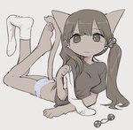 4_toes anthro asymmetrical_footwear barefoot calves_up clothed clothing feet female footwear hindpaw kemono one_sock_on pawpads paws removing_socks socks soles solo the_pose toes young young_anthro young_female 3yo4yo5yo hiraragi_akane domestic_cat felid feline felis mammal hi_res