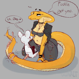 anthro balls clothed clothed_female clothing duo female genitals male male/female penis size_difference tail tail_coil text gunalt debra_(deltav) mammal mouse murid murine reptile rodent scalie 1:1 english_text hi_res