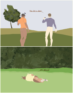 anthro ballbusting binoculars border bottomless butt clothed clothing cock_and_ball_torture dark_body dark_skin genital_torture golf golf_club group holding_golf_club holding_object humor lying male on_side outside pain pale_skin plant pun sport standing tail tree trio visual_pun white_border 9x9 deer human mammal digital_media_(artwork) hi_res