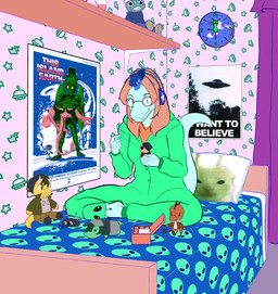 analog_clock anthro bed bedding bedroom blanket blue_body blue_eyes clock clothed clothed_anthro clothed_female clothing eyewear female fingers footwear front_view furniture glasses green_clothing hair humanoid_hands inside long_hair on_bed onesie orange_hair pillow plushie poster_(object) round_glasses sewing sewing_needle shelf shoes sitting slippers smile solo stitch_(sewing) text wall_clock nekomuro hold_onto_mi i_want_to_believe diego_(hold_onto_mi) jj_(jj) leon_(hold_onto_mi) mimi_(hold_onto_mi) newa_count_(hold_onto_mi) tiffany_(hold_onto_mi) alien baryonyx ceratopsian ceratopsid chasmosaurine dinosaur dromaeosaurid human mammal marginocephalian ornithischian prehistoric_species reptile saurischian scalie spinosaurid theropod triceratops tyrannosaurid tyrannosauroid tyrannosaurus tyrannosaurus_rex velociraptor absurd_res colored english_description english_text hi_res