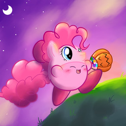 bucket candy clothing container costume dessert detailed_background food hat headgear headwear male moon night outside sky solo star starry_sky sunset toony luigiwithcheese friendship_is_magic hasbro kirby_(series) my_little_pony nintendo kirby pinkie_pie_(mlp) alien earth_pony equid equine horse mammal pony waddling_head 1:1 crossover digital_media_(artwork)