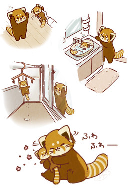 biped black_eyes black_nose brown_body chibi dot_eyes eyes_closed feral humanoid_hands kemono plushie simple_eyes text shi_nominmin ailurid mammal red_panda 2023 hi_res japanese_text