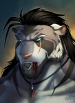 anthro beard black_hair blood blue_eyes bodily_fluids facial_hair hair jewelry male necklace pink_nose scar solo stripes wes-talbott dazen_(character) felid mammal pantherine tiger 2011 hi_res signature