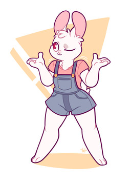 3_toes 4_fingers ambiguous_gender anthro barefoot bottomwear closed_smile clothing feet fingers fur gesture mouth_closed one_eye_closed overalls paws red_eyes shrug simple_background smile solo standing tail toes topwear white_background white_body white_fur marshmallowfury lagomorph leporid mammal rabbit hi_res signature