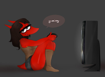 anthro bottomwear brown_hair clothing controller dark_hair electronics eyelashes female female_anthro footwear game_controller gaming glistening_eyelids grey_background hair half-closed_eyes holding_controller holding_game_controller holding_object looking_at_viewer narrowed_eyes playing_video_game red_body red_tail shirt shorts side_view simple_background sleeveless_shirt smile socks solo speech_bubble tail tank_top television text thick_thighs topwear white_sclera notohsoserious banjo-kazooie rareware notso_(notohsoserious) jinjo 2022 digital_media_(artwork) english_text hi_res
