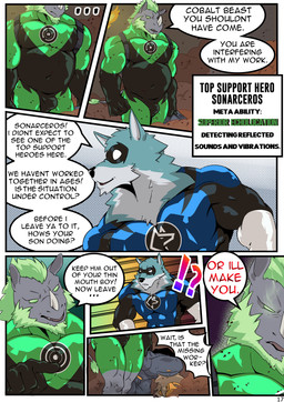 anthro belly black_clothing black_gloves black_handwear bulge claws clothing dialogue duo explosion gloves glowing glowing_eyes handwear hero horn latex male mask muscular super_suit superhero text threatening samaraka cobalt_beast sonarceros canid canine canis mammal rhinoceros wolf absurd_res comic english_text hi_res