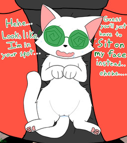 bodily_fluids chair dialogue drooling eyewear facesitting_request female feral fur furniture genital_fluids glasses green_eyewear green_glasses lying nervous nervous_smile on_back saliva solo spiral_glasses sweat sweatdrop text vaginal_fluids wearing_glasses white_body white_fur plm40 hi_res