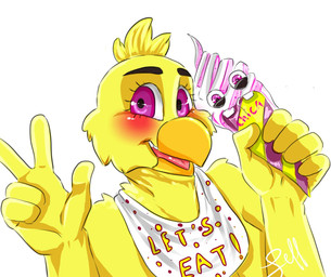 anthro beak bib duo female machine simple_background tongue white_background eoki-san_(artist) five_nights_at_freddy's scottgames chica_(fnaf) animatronic avian bird chicken galliform mammal phasianid robot hi_res source_request unavailable_at_source