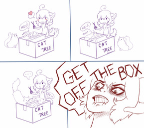 :3 :< ambiguous_gender angry anthro bent_arm bite biting_lip biting_own_lip bloodshot_eyes blush box breasts close-up closed_frown container dialogue domestic_pet dot_eyes extended_arm fangs featureless_breasts female feral frown fur furries_with_pets group hair heart_symbol holding_object holding_scissors humor lips lying mouth_closed nude on_front onomatopoeia playful quadruped rage_face rolling rolling_over scissors self_bite simple_background simple_eyes sound_effects speech_bubble tail tail_motion tailwag teeth text white_background wide_eyed yelling lillium domestic_cat felid feline felis mammal 2012 comic english_text monochrome