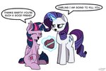 blue_eyes candy chocolate cutie_mark dessert dialogue duo female female/female feral food hair hooves horn magic open_mouth purple_body purple_hair purple_tail quadruped simple_background sitting speech_bubble standing tail talking_feral teeth text unicorn_horn white_background white_body simpledoggoarts friendship_is_magic hasbro my_little_pony mythology rarity_(mlp) twilight_sparkle_(mlp) equid equine mammal mythological_creature mythological_equine unicorn english_text hi_res signature