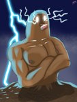 3:4 anthro areola blue_background brown_areola brown_body brown_nipples crossed_arms diglett dirt drow462 electricity electrogenesis generation_1_pokemon glowing glowing_eyes hi_res humanoid lightning lightning_bolt low_tier_god male meme muscular muscular_anthro muscular_male nintendo nipples not_furry pink_nose pokemon pokemon_(species) simple_background solo white_eyes