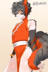 anthro armwear asian_clothing black_armwear black_body black_clothing black_eyes black_fur black_hair black_nose blush bracelet bulge chinese_clothing chinese_dress clothing dress ear_piercing ear_ring east_asian_clothing femboy fluffy fluffy_tail fur grey_body grey_fur grey_hair hair jewelry looking_at_viewer male orange_clothing orange_topwear piercing red_armwear red_clothing ring_piercing solo tail tail_around_self thick_thighs topwear yellow_sclera jjw00123 arknights hypergryph studio_montagne aak_(arknights) domestic_cat felid feline felis mammal 2025 hi_res