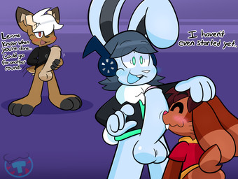 3_toes 4_fingers anthro antlers balls big_penis blush blush_lines bottomless bottomless_male clothed clothing erection feet fingers foreskin genitals group head_grab head_pull head_push horn humanoid_genitalia humanoid_penis male male/male masturbation nuzzling penile penile_masturbation penis penis_nuzzling rubbing_penis small_but_hung stroking_penis toes toony trio voyeur mintytempest major_(mintytempest) note_(mintytempest) roderick_(tamerkoh) deer lagomorph leporid mammal rabbit absurd_res hi_res