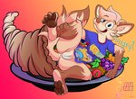 anthro aroused aroused_smile blue_eyes bodily_fluids bottomless clothed clothing cornucopia female fluffy fluffy_tail food genital_fluids heart_symbol nipple_outline pawpads paws plate slightly_chubby smile solo spread_legs spreading tail vaginal_fluids conditional_dnp lobofeo catdog_(series) nickelodeon flip_(flipyart) canid canine fox mammal absurd_res hi_res nonbinary_(lore)