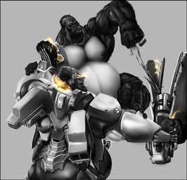 anthro belly duo fight glowing glowing_eyes gun male musclegut muscular muscular_anthro muscular_male nipples overweight pecs ranged_weapon weapon vhyena blizzard_entertainment dc_comics overwatch gorilla_grodd winston_(overwatch) ape gorilla haplorhine mammal primate