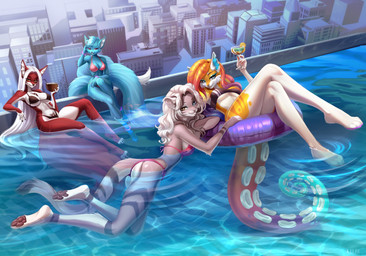 abdominal_tattoo anthro big_breasts biped breasts butt claws clothed clothed_anthro clothed_female clothing feet female fingers front_view fur group hair looking_at_viewer medium_breasts outside rear_view smile swimming_pool tail tentacle_tail tentacles toes under_boob unusual_anatomy unusual_tail water kilbi canid canine fox mammal 2026 digital_drawing_(artwork) digital_media_(artwork) hi_res