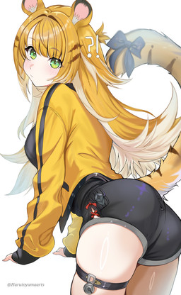 accessory aged_up animal_ears black_bottomwear black_clothing black_shorts blonde_hair blush bottomwear breasts clothed clothing coat confusion female fluffy_ears furgonomics glistening glistening_hair green_eyes grey_clothing grey_shirt grey_topwear hair leaning leaning_forward long_hair markings medium_breasts open_clothing open_coat open_topwear raised_tail ribbons shirt shorts side_boob side_view simple_background solo striped_hair striped_markings striped_tail stripes tail tail_accessory tail_markings tail_ribbon text thigh_strap topwear white_background white_hair yellow_clothing yellow_coat yellow_topwear harutoyumaarts mihoyo zenless_zone_zero ju_fufu animal_humanoid felid felid_humanoid humanoid mammal mammal_humanoid pantherine pantherine_humanoid thiren tiger_humanoid absurd_res artist_name hi_res