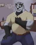 amber_eyes anthro belly bottomwear clothing dialogue dim_lighting looking_at_viewer male muscular pants shirt solo text topwear chivess echo_(series) echo_project the_smoke_room nikolai_krol badger european_badger mammal meles mustelid musteline english_text hi_res