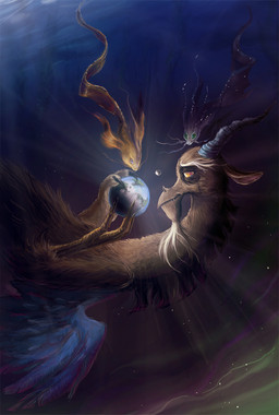 alternate_species blue_body blue_feathers claws earth fangs feathered_wings feathers feral globe group horn male moon planet sea star teeth water wings peachiekeenie friendship_is_magic hasbro my_little_pony discord_(mlp) princess_celestia_(mlp) princess_luna_(mlp) aquatic chimera draconequus fish