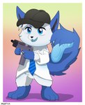 anthro blue_body blue_eyes blue_fur cierran clothing fur gun kemoto male multicolored_body multicolored_fur necktie ranged_weapon shirt solo tail tail_mouth topwear two_tone_body two_tone_fur unusual_anatomy unusual_tail weapon white_body white_fur alsoflick canid canine canis domestic_dog mammal wolf tiny_(disambiguation) hi_res