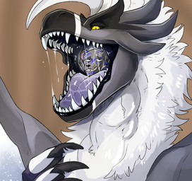 almost_fully_inside anthro bodily_fluids body_outline duo feral fluffy head_in_mouth male male/male mouth_shot neck_bulge neck_tuft open_mouth oral_head_gulp oral_vore saliva saliva_string sharp_teeth teeth tongue tuft vore willing_prey swampjaws mythology rodion_(snep) starius-drago_(dragonphoenix790) dragon felid mammal mythological_creature mythological_scalie pantherine scalie snow_leopard hi_res