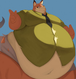 anthro belly big_belly bottomwear clothed clothing collared_shirt dress_shirt eyebrows fur gesture half-closed_eyes hand_gesture low-angle_view male morbidly_obese morbidly_obese_anthro morbidly_obese_male mouth_closed narrowed_eyes navel necktie obese obese_anthro obese_male overweight overweight_anthro overweight_male pointing raised_eyebrow shirt shorts smile smirk solo tail thick_thighs topwear torn_clothing wide_hips tkckid disney zootopia nick_wilde canid canine fox mammal red_fox true_fox 2024 hi_res