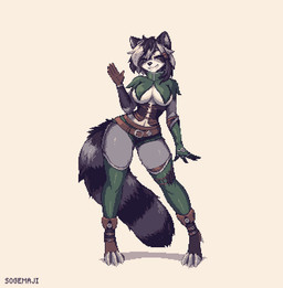 anthro armwear big_breasts biped black_hair breasts clothed clothed_anthro clothed_female clothing digitigrade elbow_gloves eyes_closed female fingers fluffy fluffy_tail front_view fur gesture gloves green_clothing green_gloves green_handwear green_legwear green_thigh_highs grey_body grey_fur grey_hair hair handwear humanoid_hands legwear long_tail medieval medium_hair pose shadow simple_background small_waist smile solo standing tail tan_background text thigh_highs waving waving_at_viewer white_body white_fur sogemaji fenavi_(rikka_6669) mammal procyonid raccoon 2025 artist_name colored digital_media_(artwork) full-length_portrait hi_res pixel_(artwork) portrait shaded